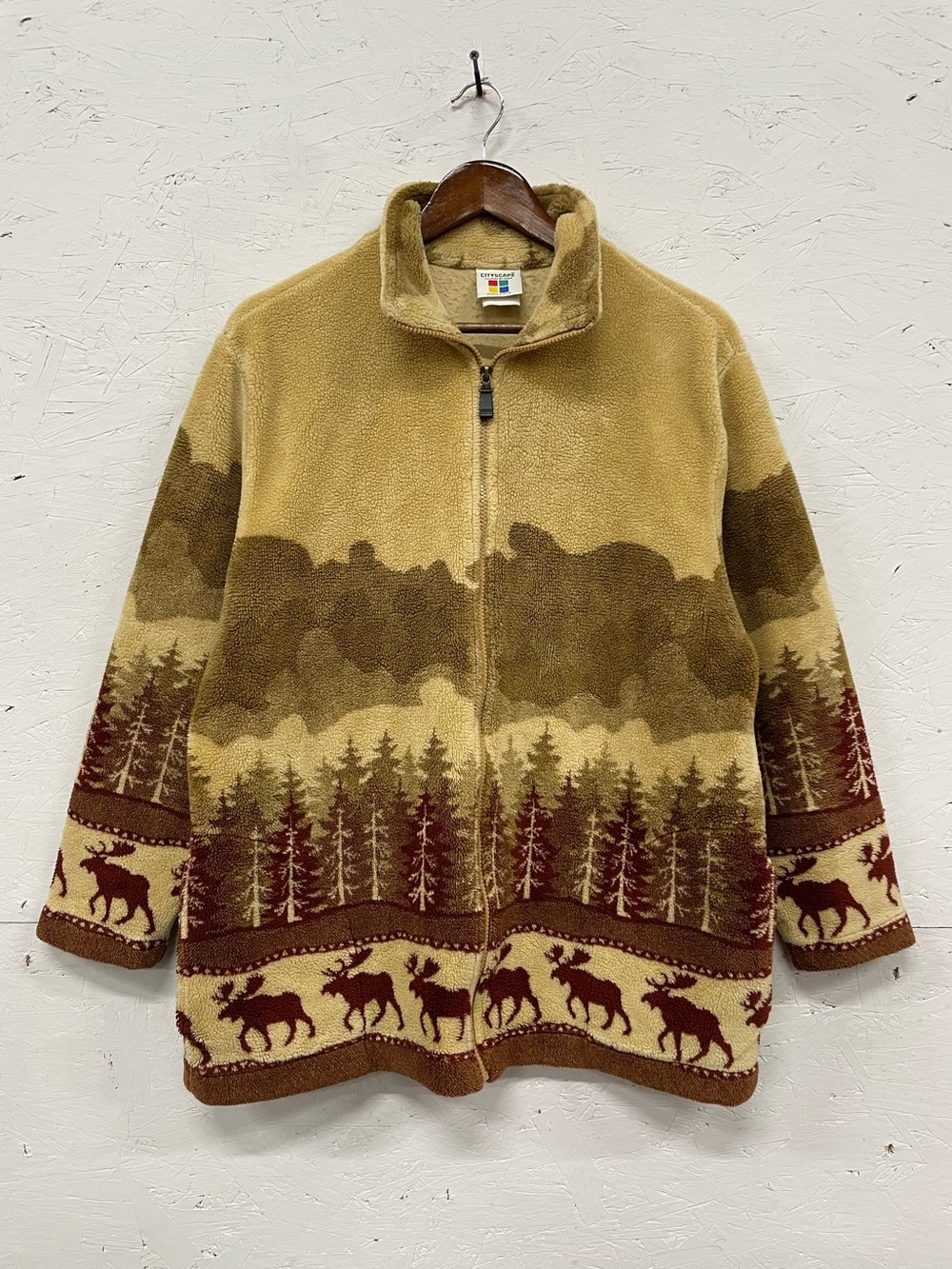 Vintage Cityscape AOP Mountains, Wilderness, and Moose Fleece Jacket, Fits M/L